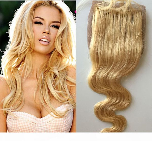 

brazilian blonde body wave silk base closure middle part bleached knots with baby hair part human virgin hair swiss 613 closures, Black
