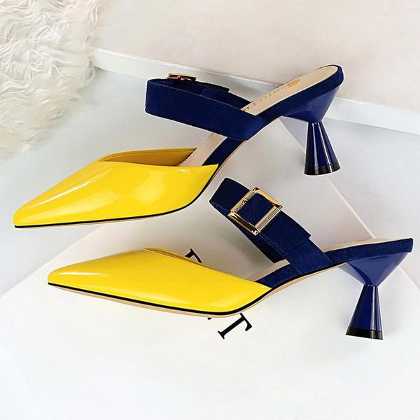 

slippers 2021 style summer women 6cm low high heels mules shales slides casual yellow strange fashion green shoes, Black