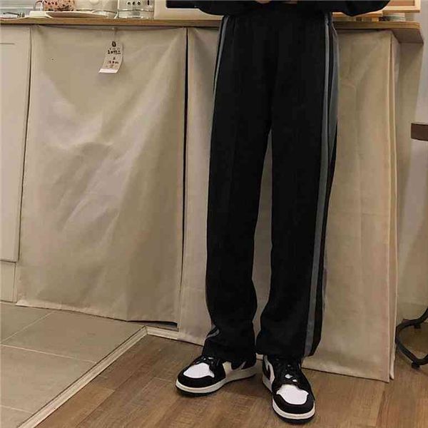 

womens pants black gray stripe patchwork trousers for female korean style loose elastic waist wide leg pant ins harajuku pants, Black;white
