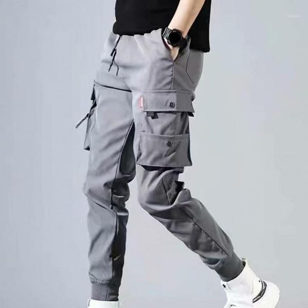 

men's pants casual streetwear men solid color thin male beam feet mens multi pockets cargo summer sports trousers, Black