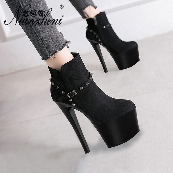 

boots 20cm ankle thin heels flock rivet short 8 inch spool zipper thick high zapatilla mujer dancing shoes, Black