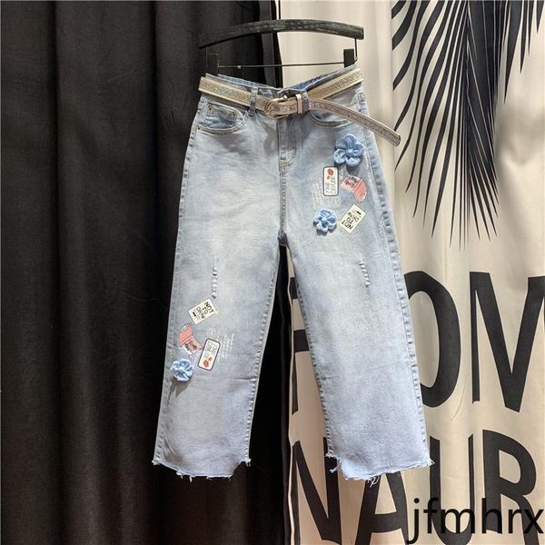 

women's jeans loose woman spring summer personality stickers frayed straight wide leg denim pants furry ripped for women village, Blue