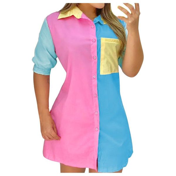 

party dresses colorful stripe splice half sleeve ladies casual chest pocket bodycon dress single breasted turn-down collar mini robe, White;black