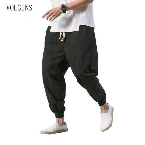 Streetwear Uomini Pantaloni Pantaloni 2021 Nuovo Solido Allentato Cotone Lino Mens Harem Pantaloni Maschile Vintage Pantaloni Della Tuta Pantaloni Dropshipping Y0927