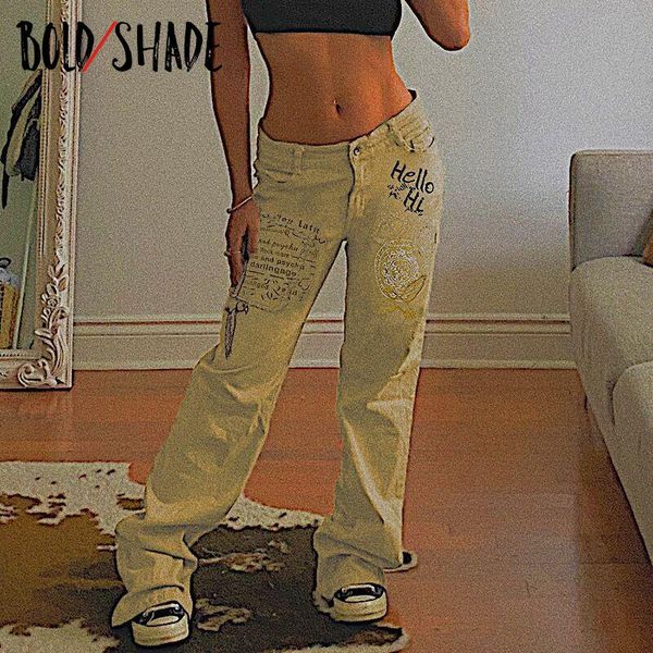 

women's jeans bold shade goblincore fairy grunge denim letter graphic printing khaki straight leg y2k indie fashion women pants, Blue