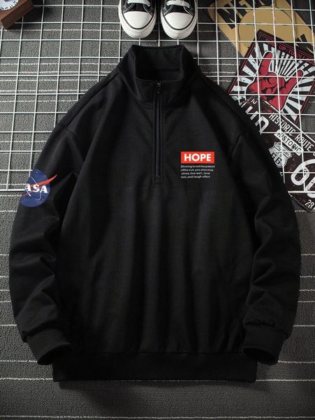 

men slogan graphic half zip drop shoulder sweatshirt 38ua#, Black