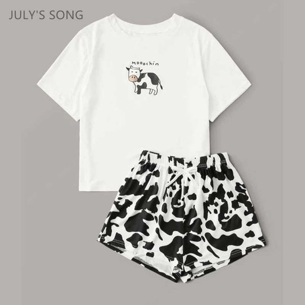 JULY'S SONG Pigiama estivo Set stampa mucca per donna Pantaloncini manica corta Sleepwear Cotton Cute Girls Cartoon Casual PJ Set 210622