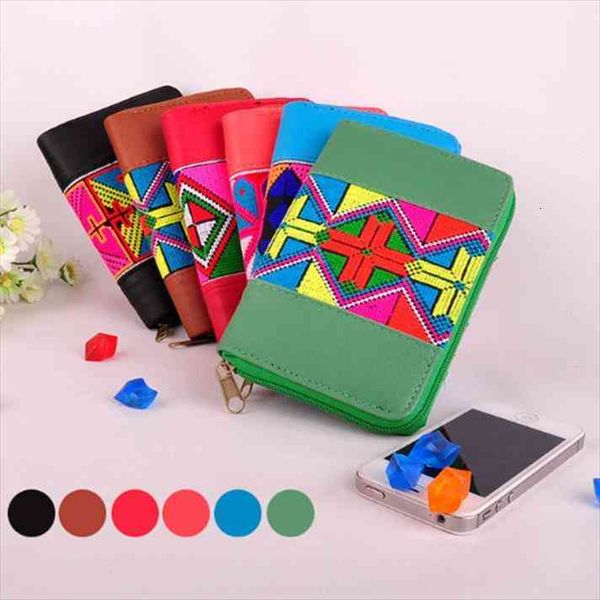 

flower embroidered leather wallet phone card coin purse handmade ethnic floral embroidery short handbag for girl, Red;black