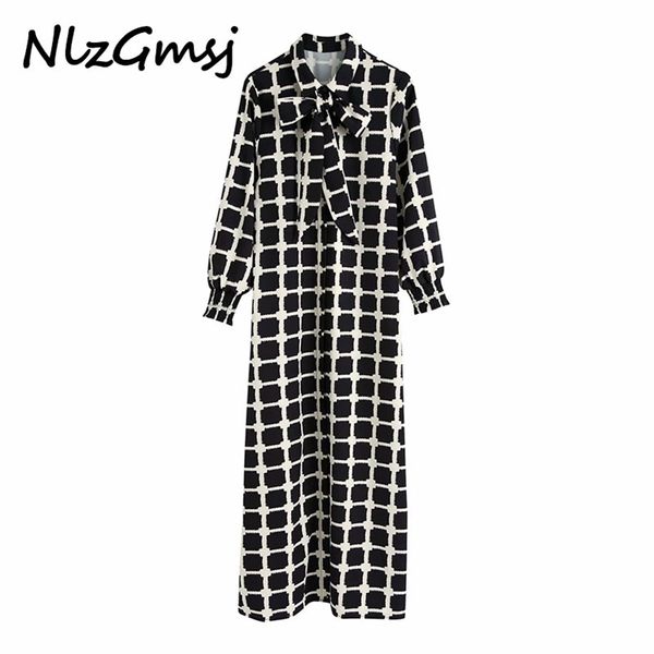 

women chic fashion printed button-up midi dress vintage bow tie collar three quarter sleeve female dresses mujer 210628, Black;gray