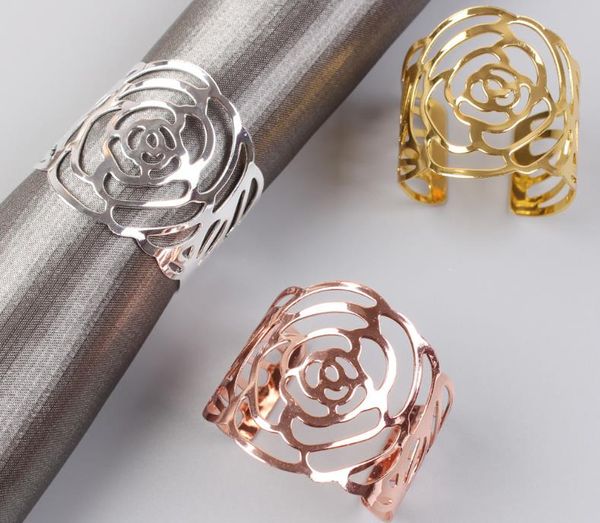 Rose Serviettenring Silber Gold Farbe aushöhlen Metall Serviettenhalter für Party Hochzeit Tischdekoration Lieferungen SN5335