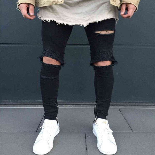 

men's jeans men's biker pants fashion knee fold slim zipped ripped jeans, Blue