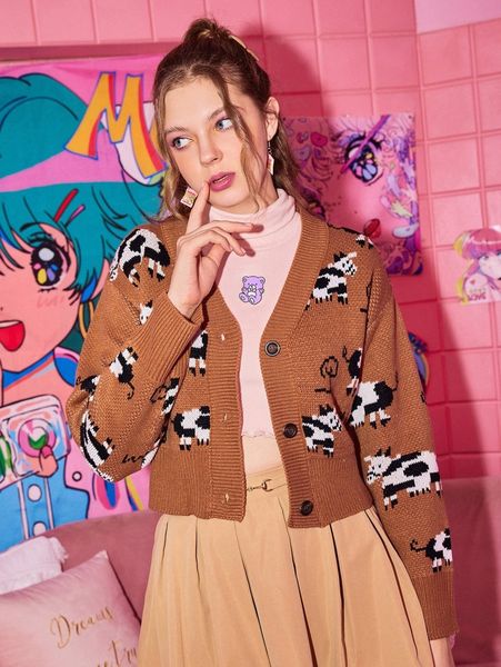 

romwe cow pattern button front cardigan k0qj#, White