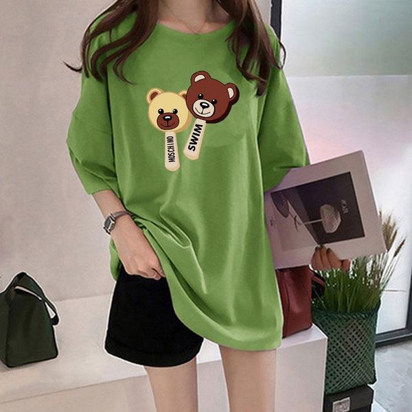 

women's t-shirt cartoon cute bear short-sleeved summer student lazy printing medium-length oversized girl, White