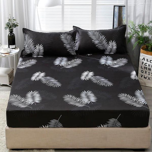 

sheets & sets 3pcs fitted sheet with case set black leaf printed single queen size mattress protector cover bottom for king bed