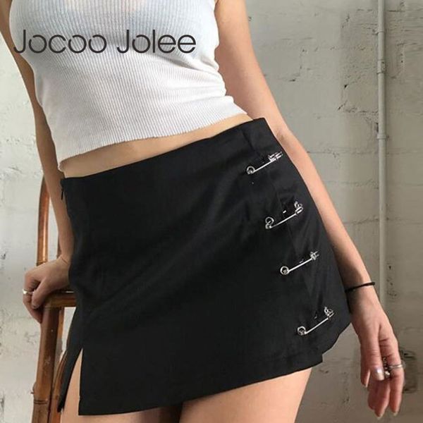 

women summer side brooch a-line zipper y2k solid mini skirt preppy style street natural party club basic 210428, Black