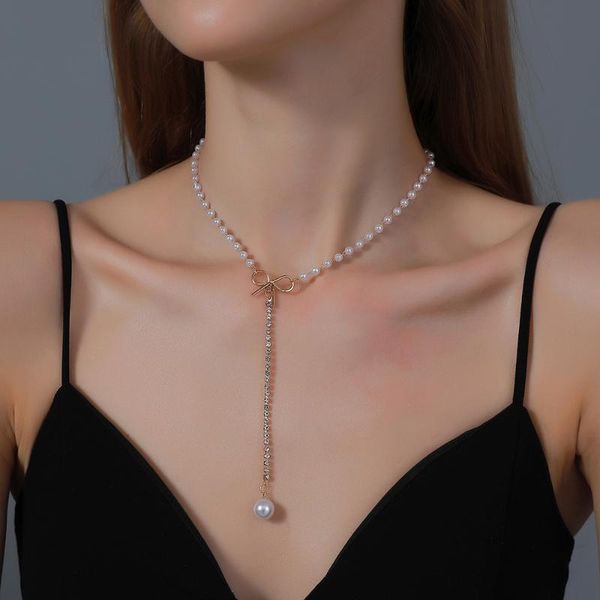 

chains fashion elegant women alloy long pearl pendant choker bow decoration casual engagement wedding party necklace jewelry, Silver
