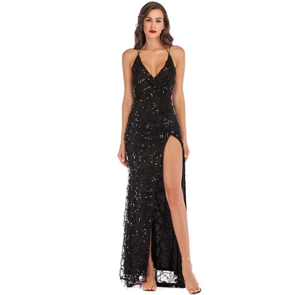 

casual dresses 2021 arrived dress women v neck maxi sequin halter backless split cocktail prom gown formal party suit#rm, Black;gray