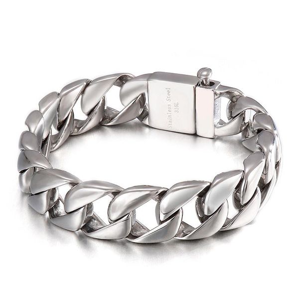 

charm bracelets jewels store 15mm wide gold color wrist band cuban chain men's stainless steel bracelet jewelry for man js137062-b, Golden;silver