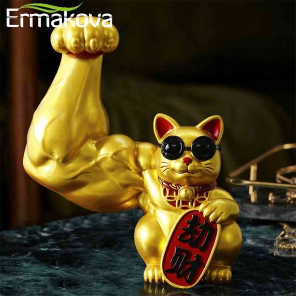 Ермакова Мышцы мышц ARM Lucky Fortune Cat Figurine Золотая смола Ремесла Гостиная Симпатичная Статуя животных Скульптура Домашний Декор Подарок 210811
