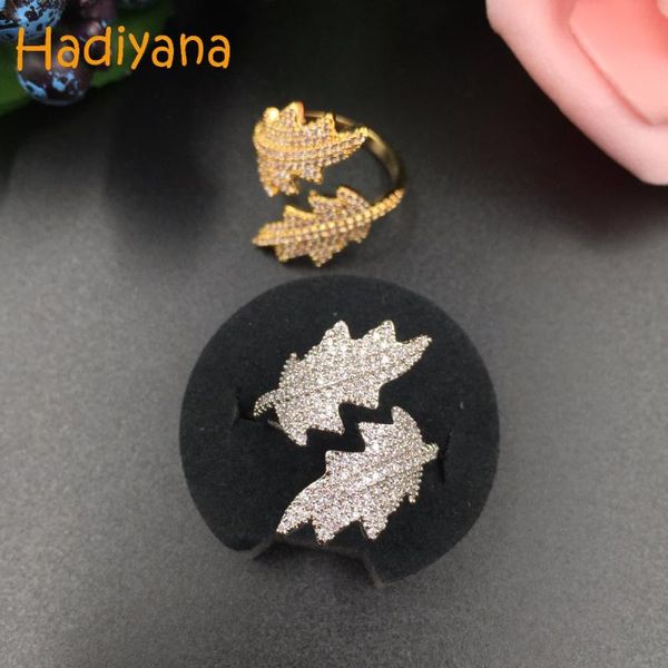 

cluster rings hadiyana fashion cubic zirconia sparkling clear stone 2pcs leaves finger ring adjustable size accessories cp370, Golden;silver