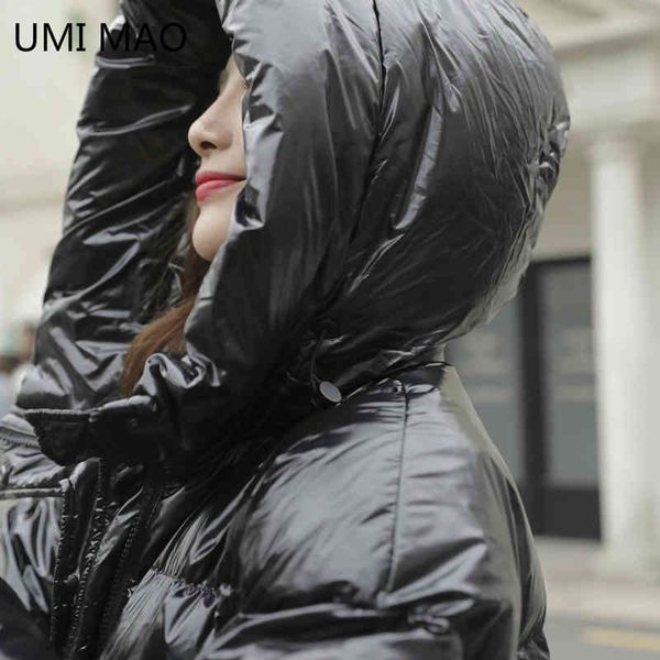 

umi mao - women's white duck feather et, thick et and thermal hoodie, double zipper, medium length, bright face, ykk, 90%, Black