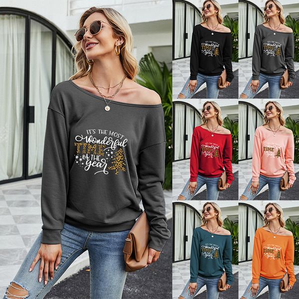 

2021 autumn winter christmas theme letter printing casual long sleeve diagonal shoulder outer wearing sweater, Black