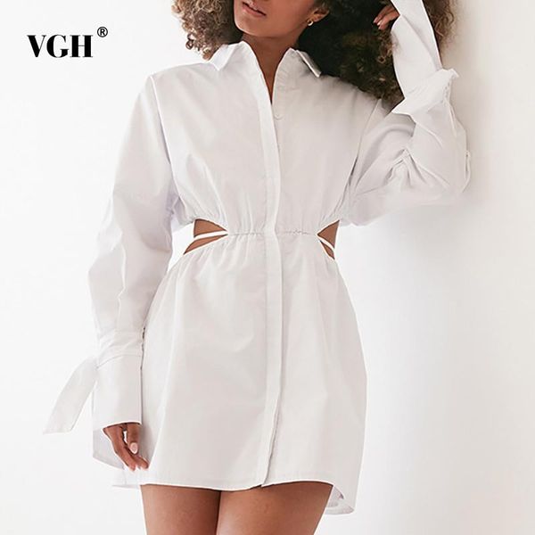 

casual dresses vgh cut out lace up white dress female lapel long sleeve high-waisted temperament mini shirt for women 2021 style, Black;gray