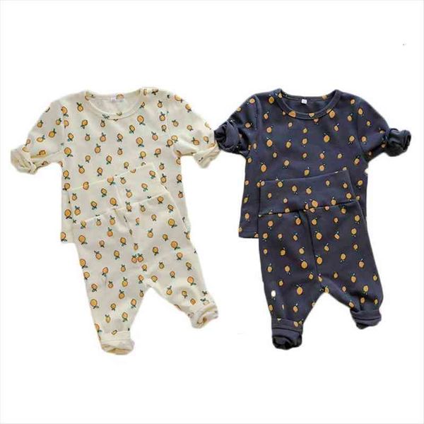 

spring baby boys girls home clothes set lemon print bottoming shirt high waist pants children casual 2 piece suit, White
