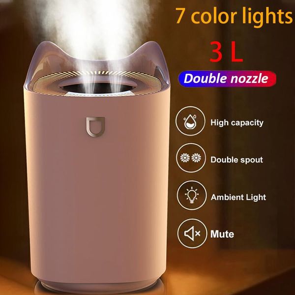 

humidifiers 2021 home air humidifier 3l double nozzle cool mist aroma diffuser with coloful led light heavy fog ultrasonic usb humidificador
