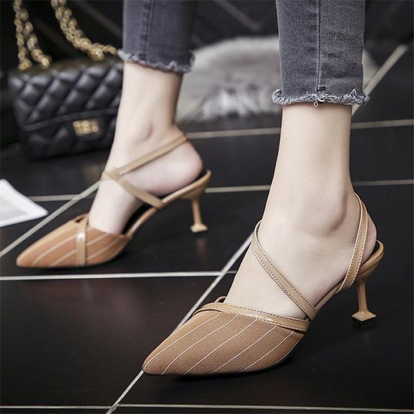 

sandals women's shoes 2021 korean style pointed toe cat heel single baotou small fresh stiletto high, Black