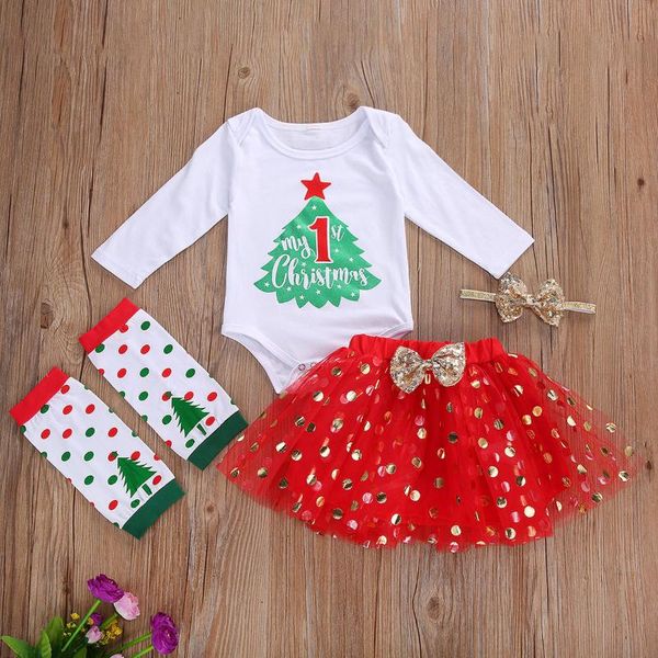 

clothing sets pudcoco born baby girl clothes cartoon christmas print romper sequin tutu skirt 2 headband 4pcs outfits set, White