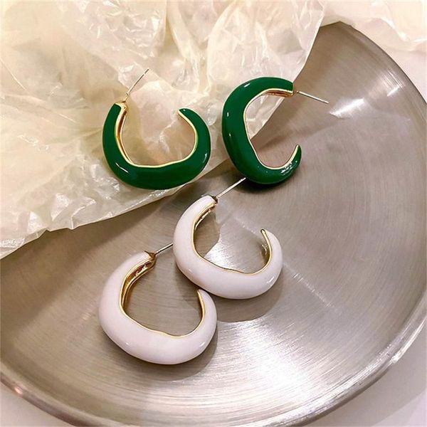 

hoop & huggie 2021 simple geometric c enamel white green earrings for women wholesale, Golden;silver