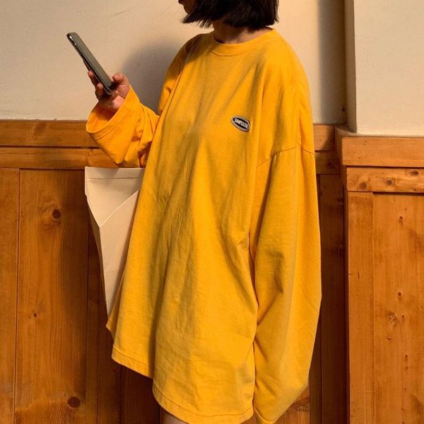 

women's t-shirt solid o-neck loose long-sleeved t-shirts woman's korean fashion oversized woman casual simple basic 8 color tees, White