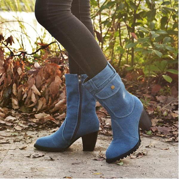 

boots women's denim ankle women pocket sewing woman fashion zip high heel ladies autumn pumps female shoes plus size 35-43, Black