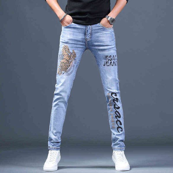 Pantaloni in denim con stampa alla moda da uomo, jeans casual lavati slim fit, jeans in denim elastico di alta qualità, must della moda per ragazzi giovani; 211120