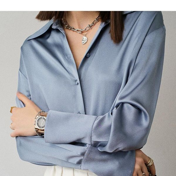 

women's blouses & shirts 2021 spring and summer elegant long-sleeved lapel single-breasted buckle solid color casual all-match shirt, White
