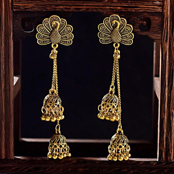 

dangle & chandelier ethnic women's gold peacock jewelry gypsy vintage long chain boho tribe bell tassel drop earrings jhumka, Silver