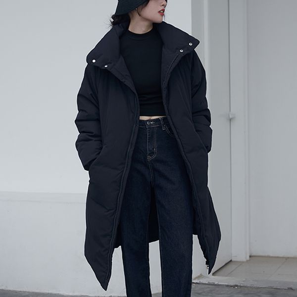

female long jacket winter warm women loose parkas stand-up collar solid plus size cotton-padded bread coats 210421, Black
