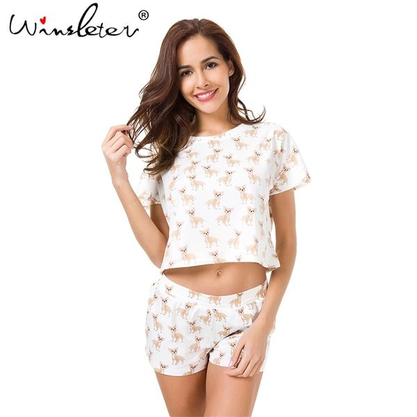 

cute chihuahua print women pajamas 2 pieces set crop + shorts elastic waist loose plus size s-xxl lounge pyjamas s7d703 210421, Black;red