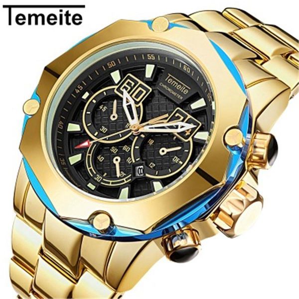 

wristwatches temeite men's watches fashion gold watch men big quartz business wristwatch waterproof relogio masculino, Slivery;brown