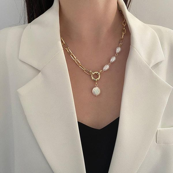 

pendant necklaces origin summer delicate asymmetric baroque pearls necklace for women gold color hollow out link chain chokers, Silver