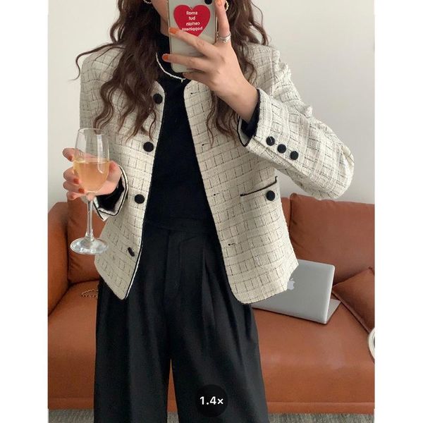 

women's suits & blazers small fragrance early autumn tweed contrast color bag buckle plaid coat temperament versatile suit female 311, White;black