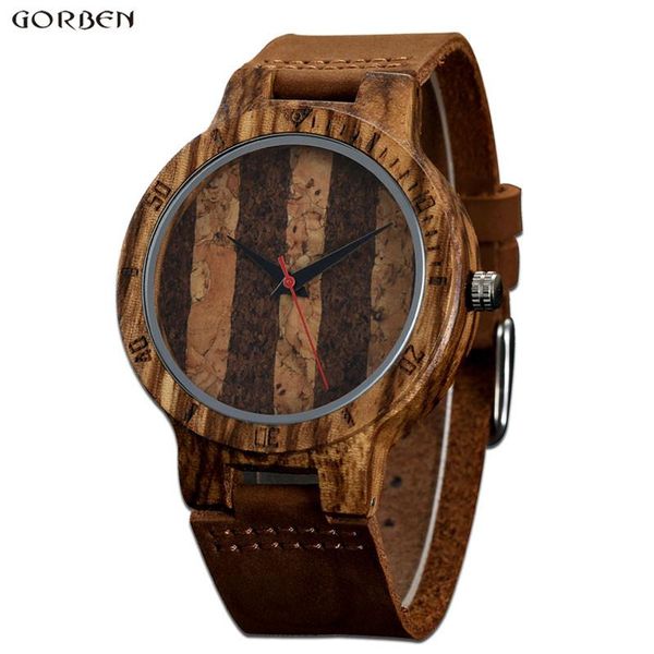 

wristwatches gorben wooden mens unique design genuine leather bamboo watch for men women christmas gifts reloj de madera, Slivery;brown