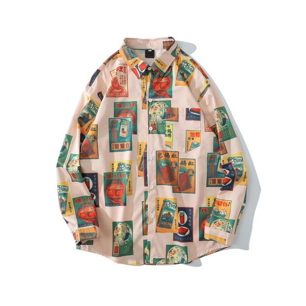 

men's casual shirts vintage printed men turn-down collar shirt streetwear for man clothing, White;black