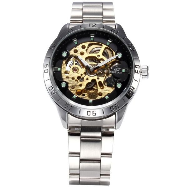 

male automatic mechanical wristwatch openwork skeleton luminous dial stainless steel bracelet wrist clock men's watch wristwatches, Slivery;brown