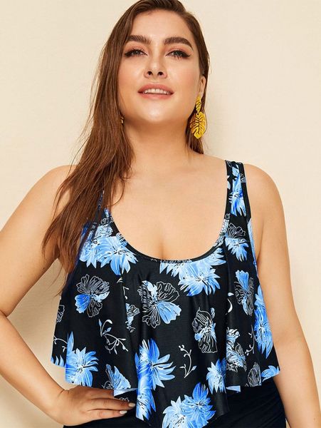 

plus floral print hanky hem tankini e3tu#, Black