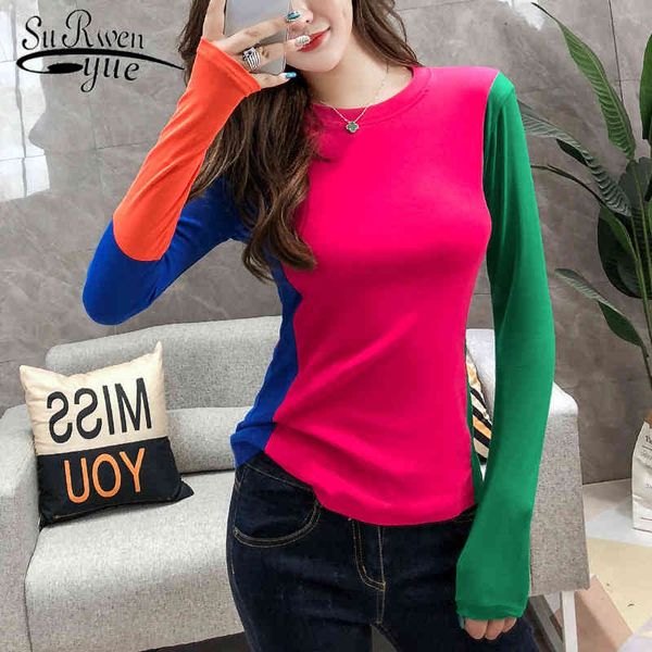 

fall winter women cotton streetwear plus size contrast color shirt bottom o-neck spliced blouses 6244 50 210508, White