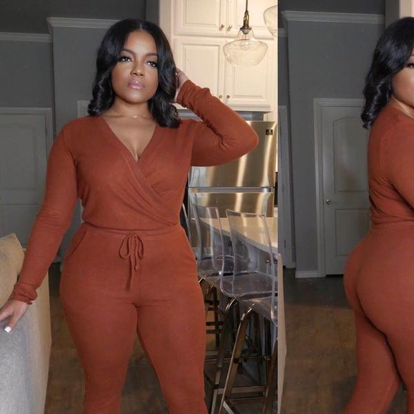 

plus size solid color women jumpsuit v neck elegant long sleeve pants bodycon clubwear rompers with pockets, Black;white