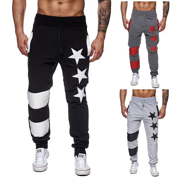 

fashion boutique pants men's sports pentagram stripe splicing elastic waist, Black