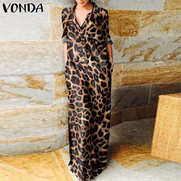 

casual dresses women dress vonda lapel collar button up long maxi bohemian vestidos loose sleeve vintage leopard print robe, Black;gray
